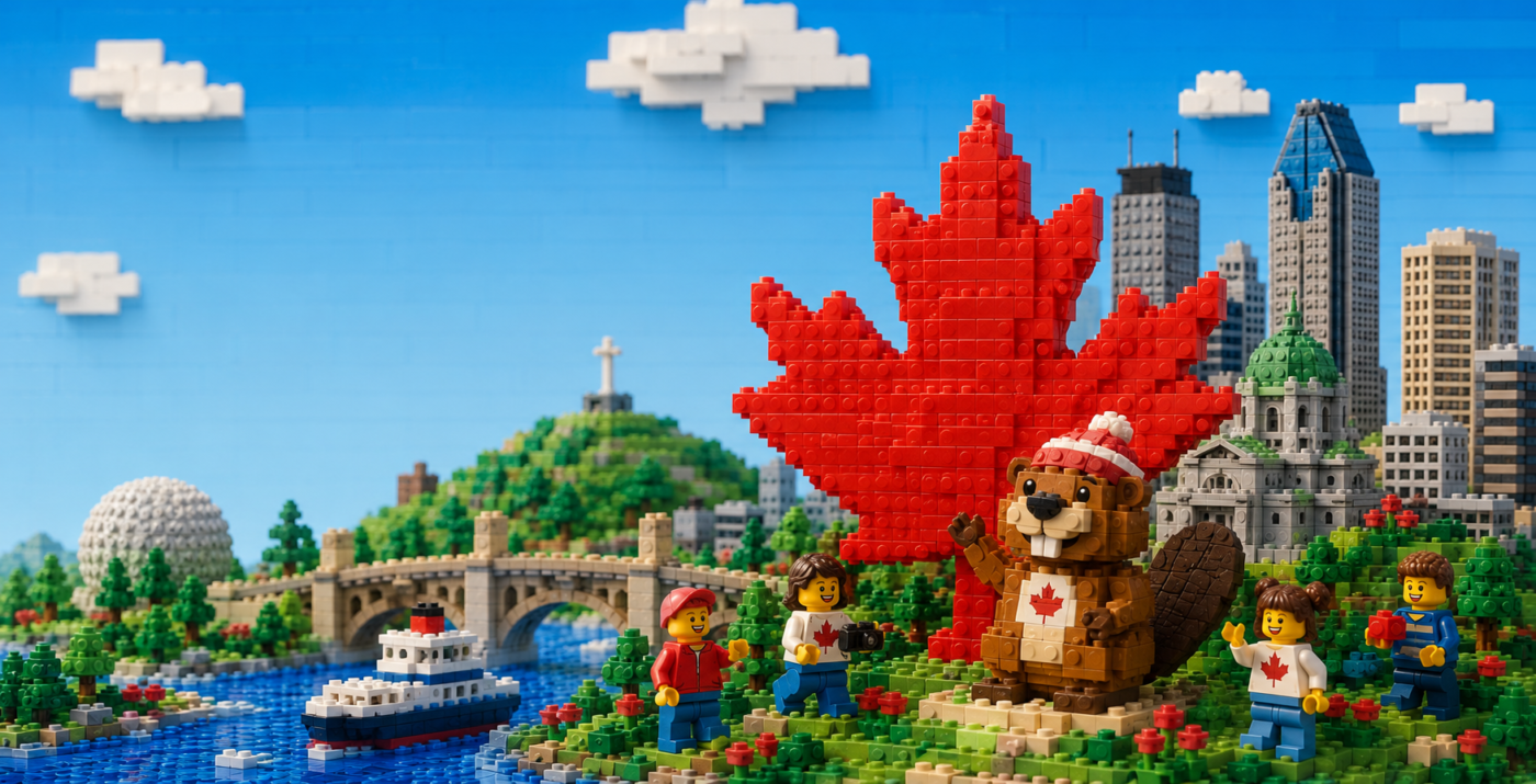 LEGO® Montreal scene with a red maple leaf, Mount Royal cross and a beaver minifigure